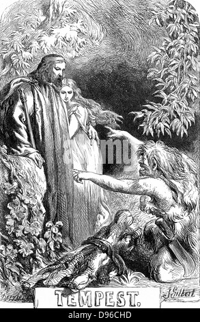 Prospero, tenant sa fille Miranda, ce qui concerne Caliban, un sauvage, déformé, sous-créature humaine, qu'il a mis en esclavage. Illustration par John Gilbert (1817-1897) pour 'La Tempête' pour l'édition de l'Œuvre de Shakespeare publié 1856-1858. Jouer pour la première fois c1611. La gravure. Banque D'Images