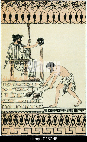 Crésus, dernier roi de Lydie de c560 BC. Vaincu et fait prisonnier par Cyrus le Grand en 546 av. La légende raconte que Crésus a été mis sur bûcher funéraire et lorsque le feu a pris le dessus il a appelé sur Apollo pour obtenir de l'aide et la pluie est tombée, mettant le feu. Lithographie après image sur vase grec. Banque D'Images