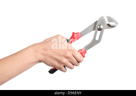 Woman hand holding a pinces de pompe à eau fermé isolé sur fond blanc Banque D'Images