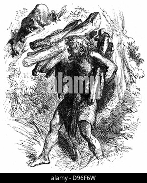 Caliban, le sauvage, déformé, sous-créature humaine en esclavage par Prospero. Acte II Sc. II, Caliban la collecte du bois. Illustration pour 'La Tempête' pour une édition de l'Œuvre de Shakespeare publié 1856-1858. Gravure . Banque D'Images