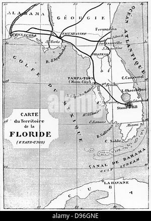 La carte de la Floride montrant la position du site de lancement de l'espace "Columbiad". De Jules Verne de la Terre a la Lune", Paris, 1865. La gravure sur bois. Banque D'Images