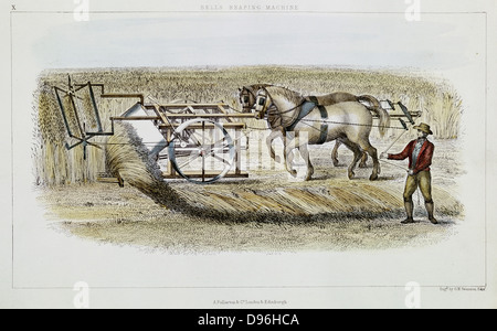 Patrick Bell (1799-1869) pasteur écossais et de l'inventeur. Son cheval-récolte de 1826 Machine à moteur. Succès de la première moissonneuse, mais non commercialisé. La gravure à la main, 1851. Banque D'Images