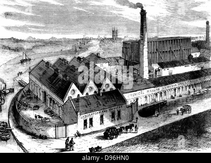 Webb's usine chimique, St.Lawrence, Worcestershire. Le grand bâtiment à droite derrière cheminée contient du plomb chambers pour la production d'acide sulfurique. La gravure sur bois c1860. Banque D'Images