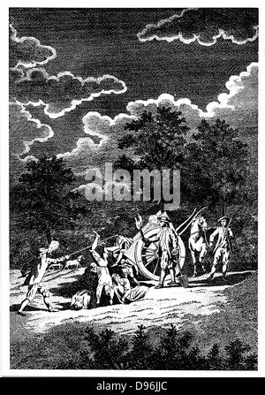 Enterrer les victimes de la Peste de Londres (1665) la nuit dans plusieurs fosses communes. Deux des hommes sont des pipes, en partie pour lutter contre la puanteur des cadavres, en partie dans l'espoir que la fumée du tabac ne leur permettrait de devenir infectées. La gravure sur cuivre. Banque D'Images