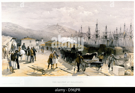 Le chemin de fer à Balaklava. De William Simpson 'Illustrations de la guerre à l'Est', Londres 1855-1856. Lithographie teintée. Fournitures de déchargement d'hotel particulier dans le port de Balaklava. Guerre de Crimée (Guerre russo-turque de 1853-1856). Banque D'Images