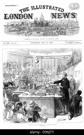 John Tyndall (1820-93) physicien d'origine irlandaise, des conférences sur l'électromagnétisme à l'Institution royale de Londres. Mai 1870. La gravure sur bois Banque D'Images