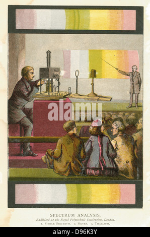 Lanterne magique utilisé pour projeter des diapositives lors d'une conférence sur l'analyse de spectre à la Royal Polytechnic Institution, Londres. À partir de John Henry Pepper 'Cyclopedic simplifiée de la science', Londres, 1873. Chromolithographie. Banque D'Images