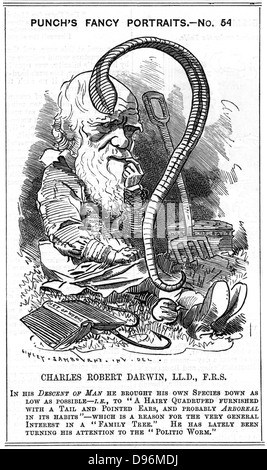 Charles Darwin (1809-1882) Naturaliste anglais. L'évolution par sélection naturelle. Linley Sambourne Cartoon par Edward (1844-1910) dans la série Portrait de fantaisie dans 'Punch', Londres, 1881 l'année Darwin a publié 'La formation de moisissures végétales à travers l'action de vers". Banque D'Images