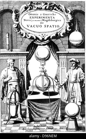 Page de titre de "Experimenta Nova, ut vocant, Magdeburgica, de vide', Spatio (Amsterdam, 1672). ('Magdeburgian nouvelles expériences, comme on les appelle, se rapportant à un vide') dans lequel Otto von Guericke (1606-1686), allemand inventeur, ingénieur et physicien, a publié les détails de son invention de la pompe à air, 1650, et ses expériences sur la puissance d'un aspirateur. La gravure. Banque D'Images