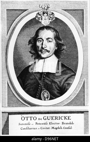 Otto von Guericke (1606-1686), allemand inventeur, ingénieur et physicien, c1672. Portrait de son 'Experimenta Nova, ut vocant, Magdeburgica, de vide nouveau spatio' ('Magdeburgian expériences, comme on les appelle, se rapportant à un vide'), (Amsterdam, 1672), dans lequel il a publié les détails de son invention de la pompe à air, 1650, et ses expériences sur la puissance d'un aspirateur. La gravure. Banque D'Images