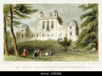 Flamsteed House, le Parc de Greenwich, près de Londres, Angleterre, l'Observatoire Royal de Greenwich. Construite par Christopher Wren (1632-1723) à l'ordre de Charles II dans le but de fournir une navigation de précision des tables et de résoudre le problème de trouver la longitude en mer. La gravure à la main, c1835. Banque D'Images