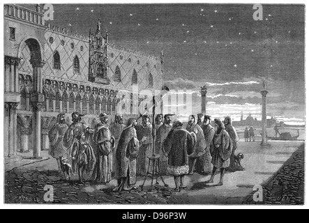 Galileo Galilei (1564-1642) démontrant son télescope, Venise, 1609. Dans cette reconstruction de l'artiste, l'astronome italien Galilée, mathématicien et physicien, est montrant son télescope du Doge de Venise et les sénateurs. À partir de 'Vies des savants illustres' par Louis FIGUIER (Paris, 1870) Banque D'Images