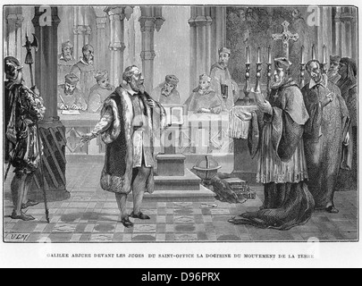 Galileo Galilei (1564-1642) astronome italien, mathématicien et physicien. Ici, il est confronté à l'Inquisition, qui a contesté l'affirmation selon laquelle la terre se déplace, contredisant ainsi les théories d'Aristote. À partir de 'Vies des savants illustres' par Louis Figuier. (Paris, 1870). La gravure. Banque D'Images