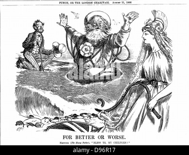 Atlantic Telegraph : Père Neptune Britannia et bénédiction sur l'Oncle Sam la réussite d'un câble télégraphique de l'Atlantique. Caricature de Charles Samuel Keene (1823-1891) de 'Punch' London 11 août 1866. Banque D'Images