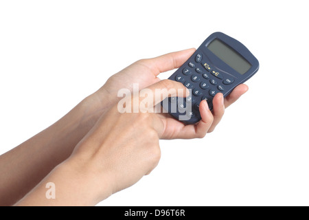 Femme hands holding et à l'aide d'une calculatrice isolé sur fond blanc Banque D'Images