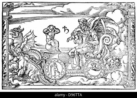 Saturne (Grec Kronos) dieu romain du temps. Dévoré tous ses enfants à l'exception de Jupiter, Neptune et Pluton. Considérée comme une planète mâle, chaleureux, avec des caractéristiques de terre et de plomb, les propriétés de sec et froid. Son plomb, métal et de l'agriculture, les personnes âgées et l'entrée mélancolique sous sa protection de Solensis Aratus 'Phaenomena et Prognostica", Cologne, 1569. Gravure sur bois Banque D'Images