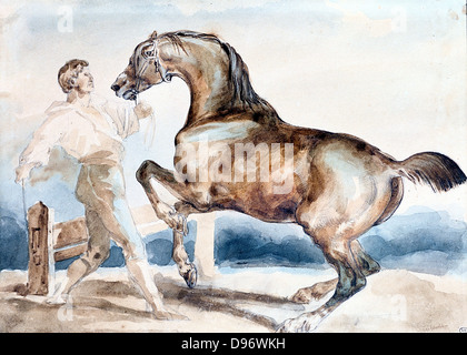 Le Dressage' Man training (rupture) un cheval d'accueil avec la queue. Theodore Gericault (1791-1824) peintre français. L'aquarelle. Banque D'Images