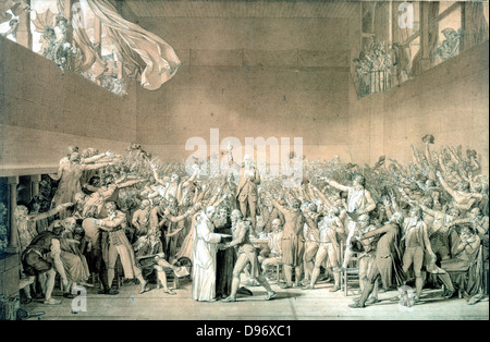 Tennis serment, le 20 juin 1789'. Révolution française : Réunion des États généraux, où les députés ont juré de ne pas rencontrer de nouveau jusqu'à ce qu'un parlement a été formé. Jacques Louis David (1748-1825) peintre français. Stylo et laver avec bistre sur papier blanc. Banque D'Images