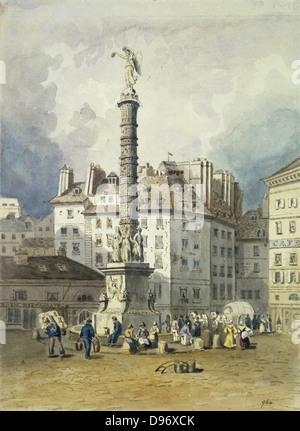 Place du Châtelet et la colonne commémorant les victoires de Napoléon. Paris. Anonyme. L'aquarelle. Banque D'Images