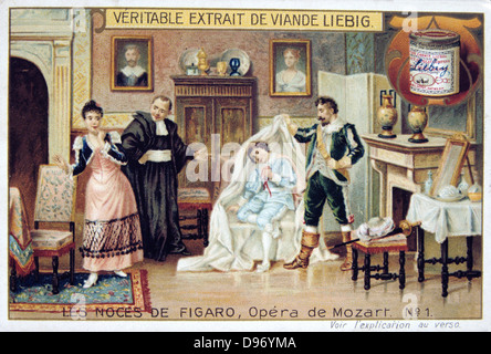 Scène de l'opéra de Mozart 'Le Mariage de Figaro' 1786 (1905). (Le Nozze di Figaro), Opera (opera buffa) avec livret de Lorenzo da Ponte (1749-1838) après Beaumarchais, d'abord effectuée sur l mai 1786 au Burgtheater de Vienne. Le Comte Almaviva découvrir la page Cherubino dans sa cachette, d'un fauteuil. Les autres chiffres sont Susanna, femme de chambre de la Comtesse Almaviva, et Don Basilio, un maître de musique. À partir de 'Les Noces de Figaro', l'un des jeu de cartes commerciales émises par Liebig & Co, 1905. Banque D'Images