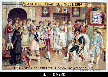 Scène de l'opéra de Mozart 'Le Mariage de Figaro' 1786 (1905). "Le Mariage de Figaro' 1786 (1905). (Le Nozze di Figaro), Opera (opera buffa) avec livret de Lorenzo da Ponte (1749-1838) après Beaumarchais, d'abord effectuée sur l mai 1786 au Burgtheater de Vienne. Un groupe de paysans conduit par Figaro et Susanna chanter les louanges du Comte Almaviva et implorer de ne pas rejeter la page Cherubino à partir de son service. Il cède dans la mesure où il lui donne une commission dans son régiment. À partir de 'Les Noces de Figaro', l'un des jeu de cartes commerciales émises par Liebig & Co, 1905. Banque D'Images