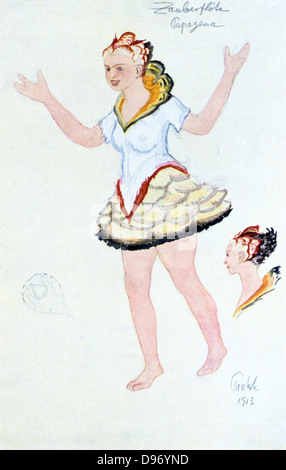 La conception de costumes pour Papegena, 1913. Papegena, la petite femme que Papegeno, la bird catcher, a désiré ardemment pour. 'La Flûte enchantée' ('Die Zauberflote'), l'opéra de Wolfgang Amadeus Mozart (1756-1791) avec livret de Emanuel Schikaneder (1751-1812) a été produit pour la première fois à Vienne en 1791. Le terrain d'accents de la Franc-maçonnerie. Certains disent que la Reine de la nuit est basé sur l'Impératrice Marie-Thérèse (1717-1780). Conception pour une production de 1913 à l'Opéra de Paris. Banque D'Images