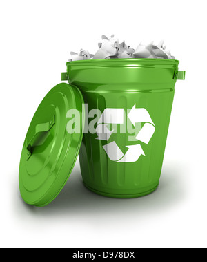 Recyclage 3d sur l'icône de corbeille avec papiers, isolé sur fond blanc, image 3D Banque D'Images