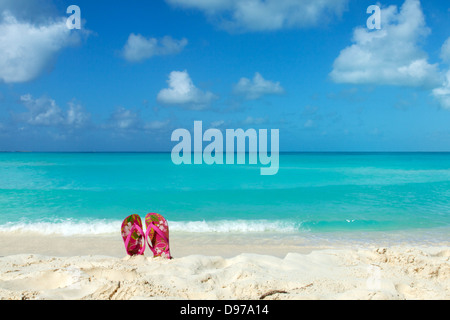 Couple de sandales sur une plage de sable blanc en face de la mer Banque D'Images