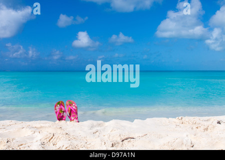 Couple de sandales sur une plage de sable blanc en face de la mer Banque D'Images