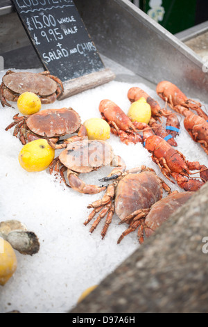 Le crabe et le homard cuit frais exposés à la vente sur la glace avec les citrons en air libre à Whitstable Harbor fish market Banque D'Images