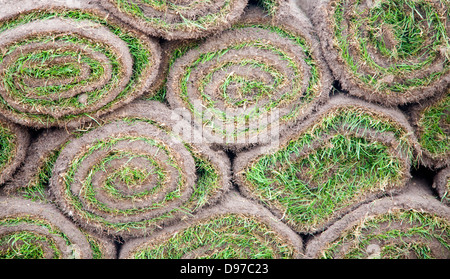 Rouleaux de gazon de graminées dans une pile de près, UK Banque D'Images