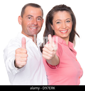 Heureux couple in front of white background with Thumbs up Banque D'Images