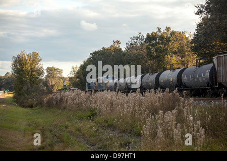 Un train de marchandises y compris wagons-citernes est situé sur les pistes dans une région rurale près de Hawthorne, Florida en attente de travaux de réfection de la voie. Banque D'Images