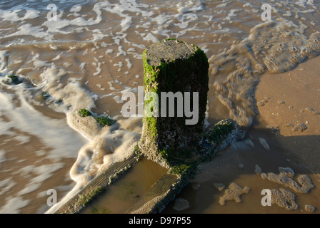 La marée monte autour d'un post en bois sur Heacham plage près de Reigate sur la côte de Norfolk. Banque D'Images