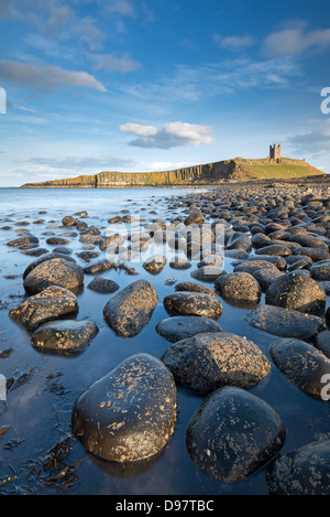 Soleil de l'après-midi sur Château De Dunstanburgh, vu du rocher parsemé rives de la baie, Embleton Northumberland, Angleterre. Banque D'Images