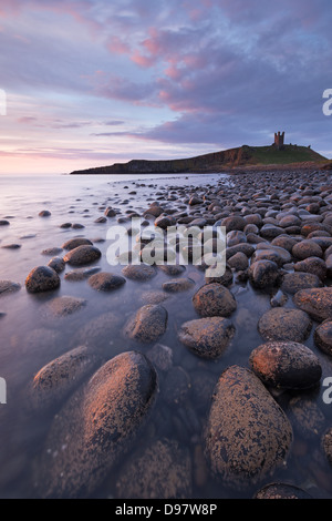 Château de Dunstanburgh de Embleton Bay à l'aube, Northumberland, Angleterre. Printemps (mai) 2013. Banque D'Images