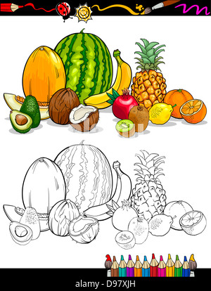 Livre de coloriage ou une page de bande dessinée de vulgarisation des fruits tropicaux pour l'éducation des enfants des groupes alimentaires Banque D'Images