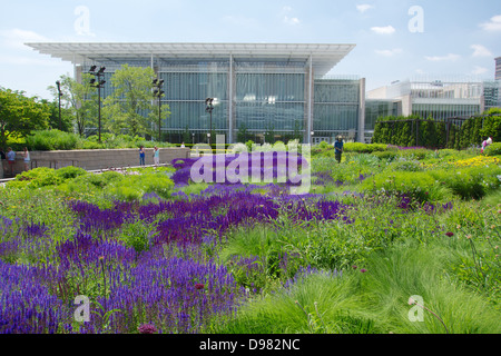 Lurie Jardins, Parc du millénaire avec l'aile moderne de l'Art Institute en arrière-plan Banque D'Images