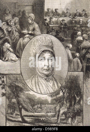 Elizabeth Fry (1780-1845), quaker anglais réformateur social. Fry lecture pour les femmes détenues à Newgate (en haut à gauche) ; gérer réunion Quaker à Plaistow, Grand Londres, (en haut à droite) ; la maison de son enfance, Earlham Hall, Norwich. À partir de 'Le carquois", Londres, 1882. Banque D'Images