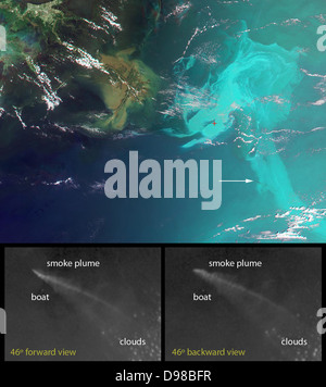 Ces images uniques de l'horizon d'eau profonde d'hydrocarbures dans le golfe du Mexique ont été obtenus par le Spectroradiomètre imageur multi-angle (MISR) instrument à bord de l'engin spatial Terra de la NASA le 17 mai 2010, à environ 16:40 UTC (11:40 HAC). Le panneau supérieur est une image en fausses couleurs créées en combinant des données de la bande rouge des 26 degrés de l'avant-caméra de visualisation, où l'huile est sombre, avec le bleu et vert les bandes du nadir (vertical-viewing) appareil photo, où l'huile apparaît en clair Banque D'Images