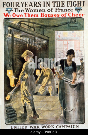 Quatre ans dans la lutte. Les femmes de France, nous leur devons de maisons d'applaudir. Organisation des travaux de guerre Campagne. Y.W.C.A. Artiste Jonas, Lucien, 1880-1947, publié en 1918. Résumé : Les femmes travaillant dans une usine. Banque D'Images