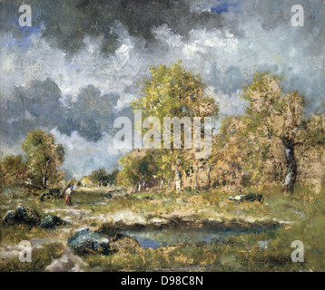 La Piscine" - huile sur panneau. Nacisse Diaz de la Pena (1801-1876) peintre français. Piscine dans un champ rocailleux avec de vieux arbres par un mur en ruine. Banque D'Images