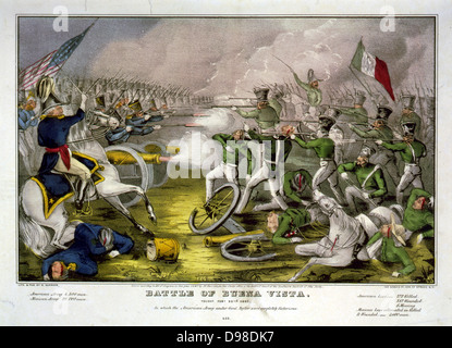 Guerre américano-mexicaine 1846-1848 : Bataille de Buena Vista, également connu sous le nom de bataille d'Angostura, 22-23 février 1847. Les mexicains en vertu de Santa Anna, en vert, défait par l'américain sous les ordres du général Zachary Taylor. La main, la gravure. Banque D'Images