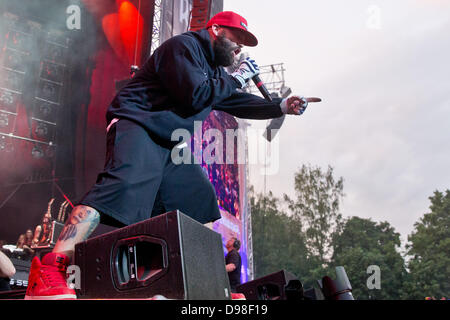 Fred Durst, le chanteur du groupe américain Limp Bizkit, effectue sur une scène de musique Festival Rock im Park à Nuremberg, Allemagne, 09 juin 2013. Plus de 70 000 fans de musique rock étaient attendues au festival. Photo : DANIEL KARMANN Banque D'Images
