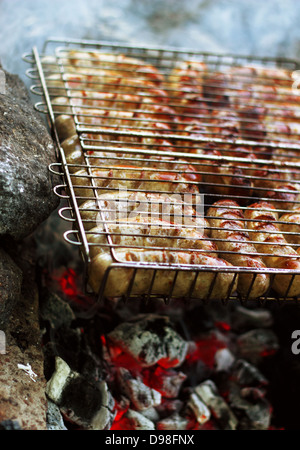 Yummy appétissant les saucisses allemandes sur la grille du barbecue à feu ouvert Banque D'Images