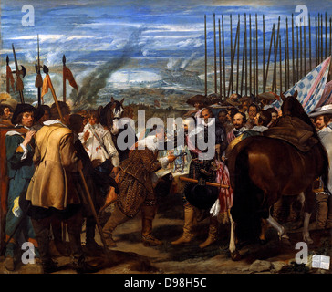 Diego Velázquez (1599 - 1660) peintre espagnol. La reddition de Breda, ou les lances. Huile sur toile, 1635.Le siège de Breda est le nom de deux grands sièges de la guerre de Quatre-Vingts Ans et de la guerre de Trente Ans. La ville de Breda néerlandais de la forteresse est tombée à une armée espagnole sous Ambrosio Spinola en 1625 ; elle a été reprise par Frederick Henry d'Orange dans le siège de Breda 1637 Banque D'Images