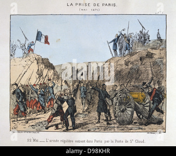 Commune de Paris 26 mars-28 mai 1871. La semaine sanglante : les troupes gouvernementales régulières, Versailles, entrer dans Paris par la Porte St Cloud, 22 mai 1871. Lithographie en couleur. Banque D'Images