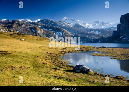 Lac Ercina et de montagnes en parc national Picos de Europa, Asturias, Espagne, Europe. Banque D'Images