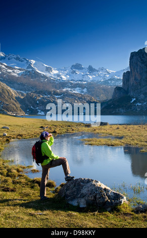 Lac Ercina et de montagnes en parc national Picos de Europa, Asturias, Espagne, Europe. Banque D'Images