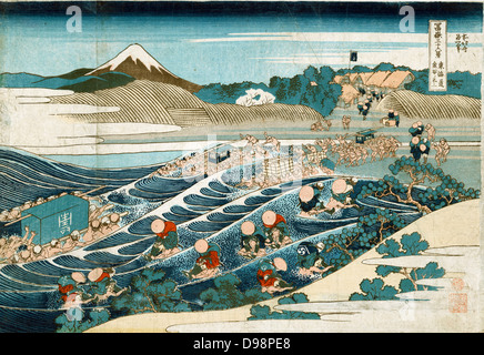 Fuji à Kanaya sur le Tokaido Road. À partir de 'trente-six vues du Mont Fuji", c1831. Katsushika Hokusai (1760-1849) artiste japonais Ukiyo-e. Porteurs transportant des déchets, chaises, des biens et des individus à travers la rivière Oi. Ford de l'eau Banque D'Images